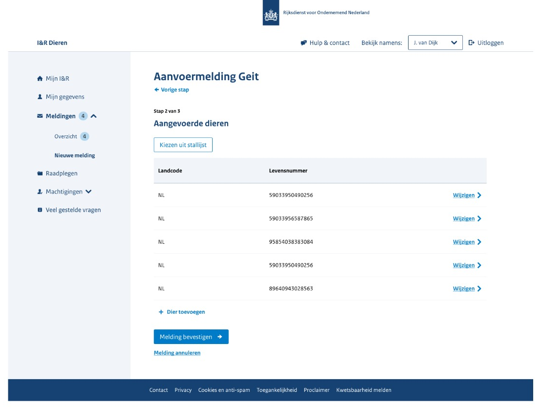 Prototype van stap 2 van 3 van de 'Aanvoermelding Geit', 'Aangevoerde dieren', met een tabel met landcode en levensnummer en de knop 'Melding bevestigen'. In de versie voor de test was dit de laatste stap voor het bevestigen.