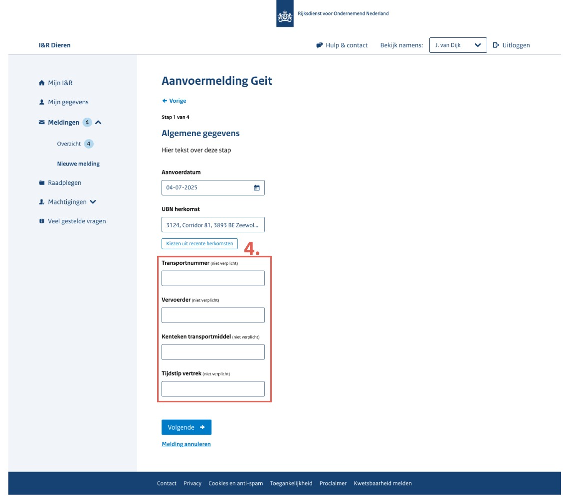Prototype van de aangepaste stap 1, nu 'Stap 1 van 4', met een korte introductietekst. De velden transportnummer, vervoerder, kenteken transportmiddel en tijdstip vertrek hebben de toevoeging '(niet verplicht)'; deze velden zijn gemarkeerd met een rood kader en het rode cijfer 4.