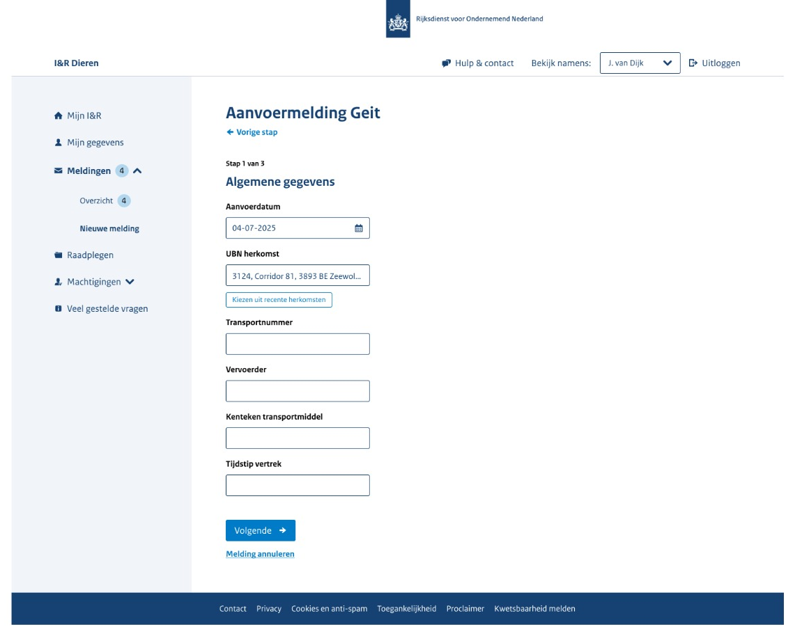 Prototype van stap 1 van 3 van de 'Aanvoermelding Geit', 'Algemene gegevens', met de velden aanvoerdatum, UBN herkomst (met de knop 'Kiezen uit recente herkomsten'), transportnummer, vervoerder, kenteken transportmiddel en tijdstip vertrek, en de knop 'Volgende'.