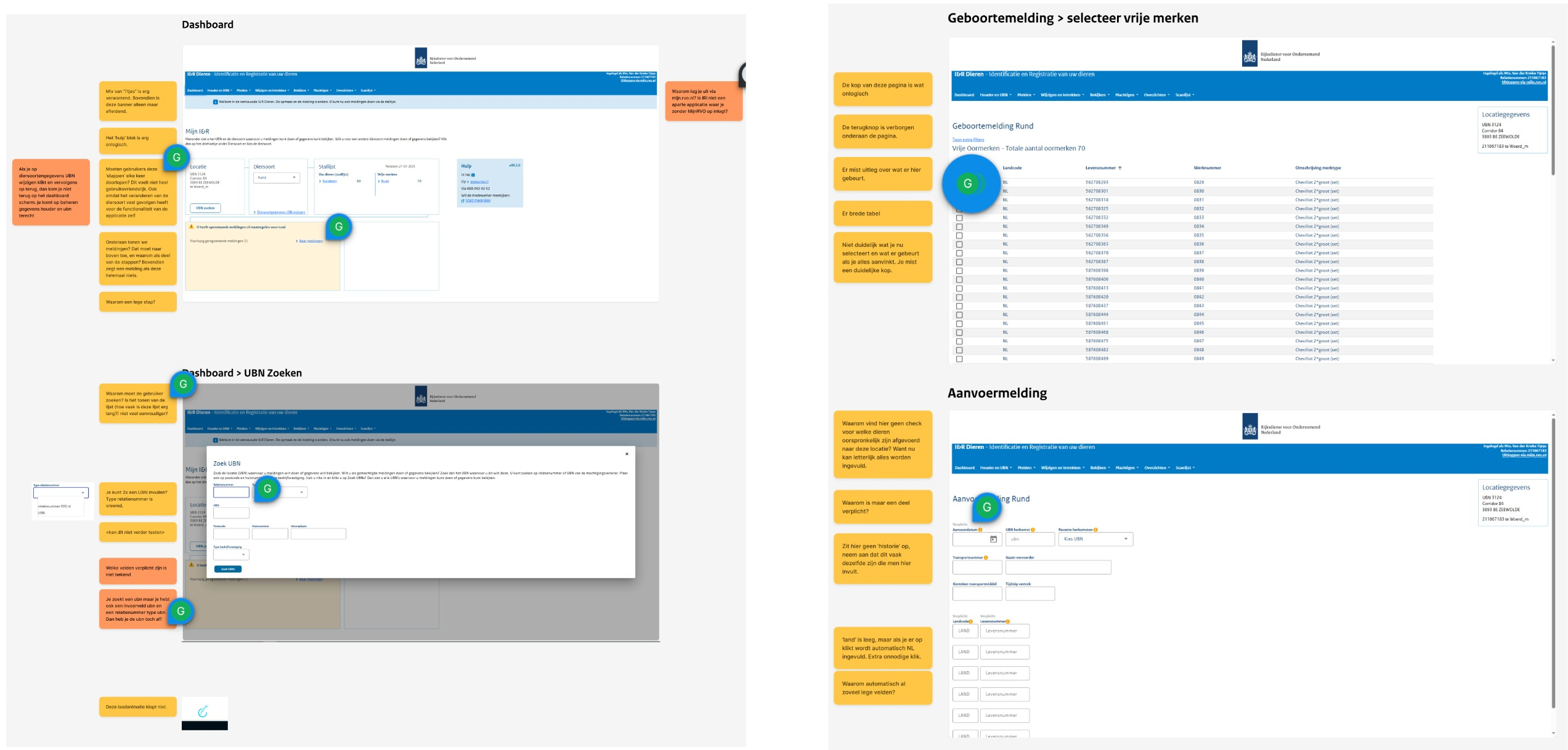 Schermopname van een digitaal whiteboard met de expert review van de huidige I&R-applicatie. Bij de schermen 'Dashboard', 'Dashboard > UBN Zoeken', 'Geboortemelding > selecteer vrije merken' en 'Aanvoermelding' staan gele en oranje notities met opmerkingen, zoals 'Waarom een lege stap?', 'Welke velden verplicht zijn is niet bekend', 'Niet duidelijk wat je nu selecteert en wat er gebeurt als je alles aanvinkt' en 'Waarom automatisch al zoveel lege velden?'.