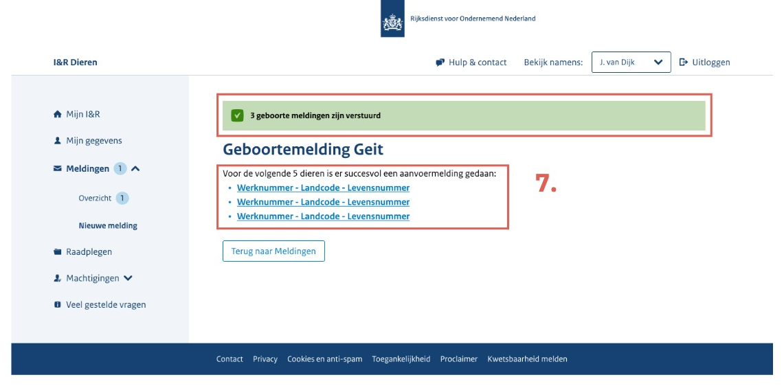 Prototype van de aangepaste bevestigingspagina met de groene melding '3 geboorte meldingen zijn verstuurd' (rood kader) en een lijst van de dieren als werknummer, landcode en levensnummer in plaats van meldingnummers (rood kader, rood cijfer 7).