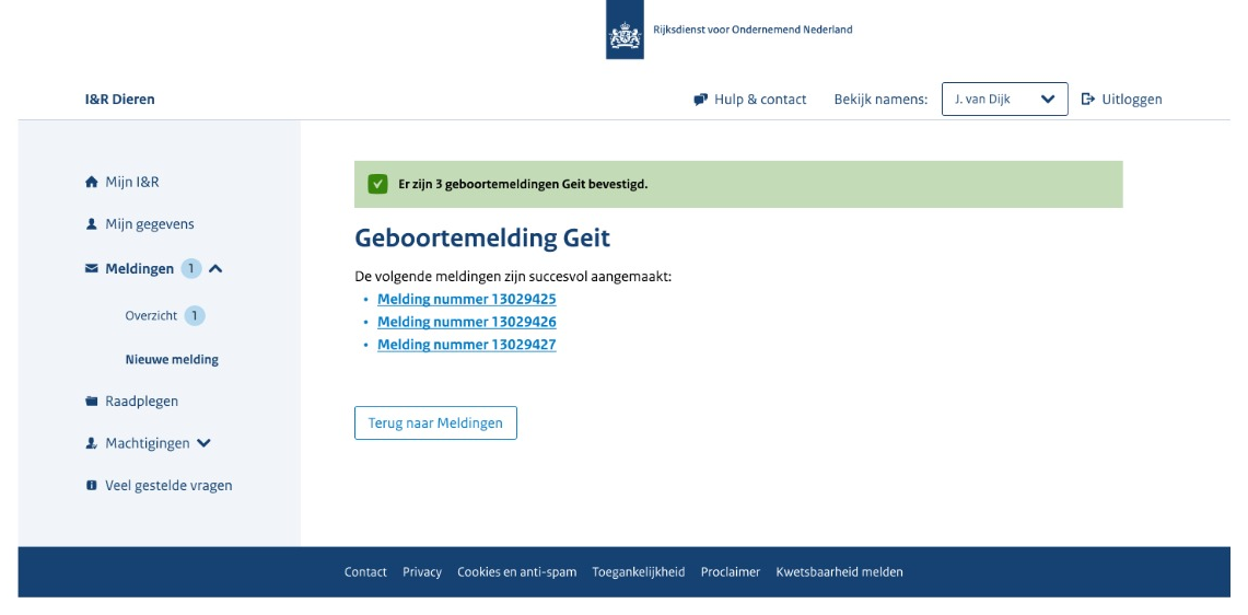 Prototype van de bevestigingspagina met de groene melding 'Er zijn 3 geboortemeldingen Geit bevestigd' en de tekst 'De volgende meldingen zijn succesvol aangemaakt', gevolgd door drie meldingnummers en de knop 'Terug naar Meldingen'.