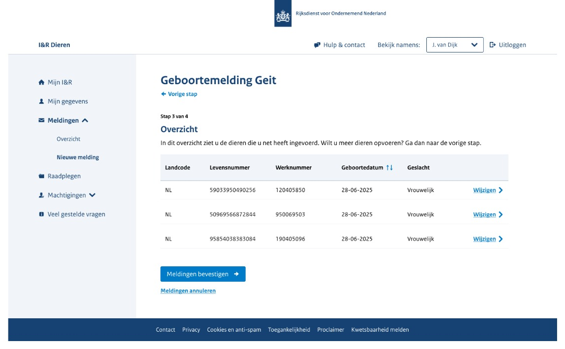Prototype van stap 3 van 4 van de 'Geboortemelding Geit', 'Overzicht', met een tabel van de ingevoerde dieren (landcode, levensnummer, werknummer, geboortedatum en geslacht), per rij een link 'Wijzigen', en de knop 'Meldingen bevestigen'.