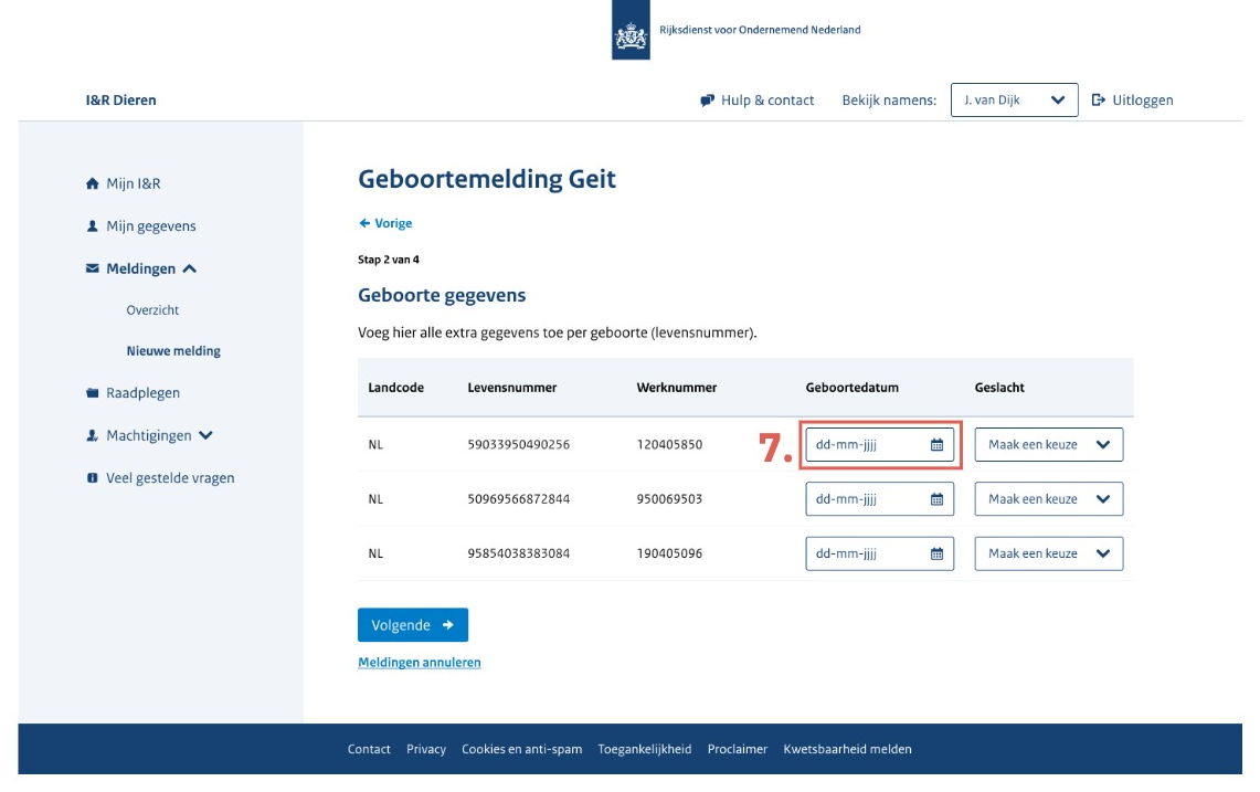Prototype van de aangepaste stap 2, nu 'Geboorte gegevens', zonder de knop 'Oormerk toevoegen'. Het datumveld toont het formaat 'dd-mm-jjjj' met een kalendericoon (rood kader, rood cijfer 7).