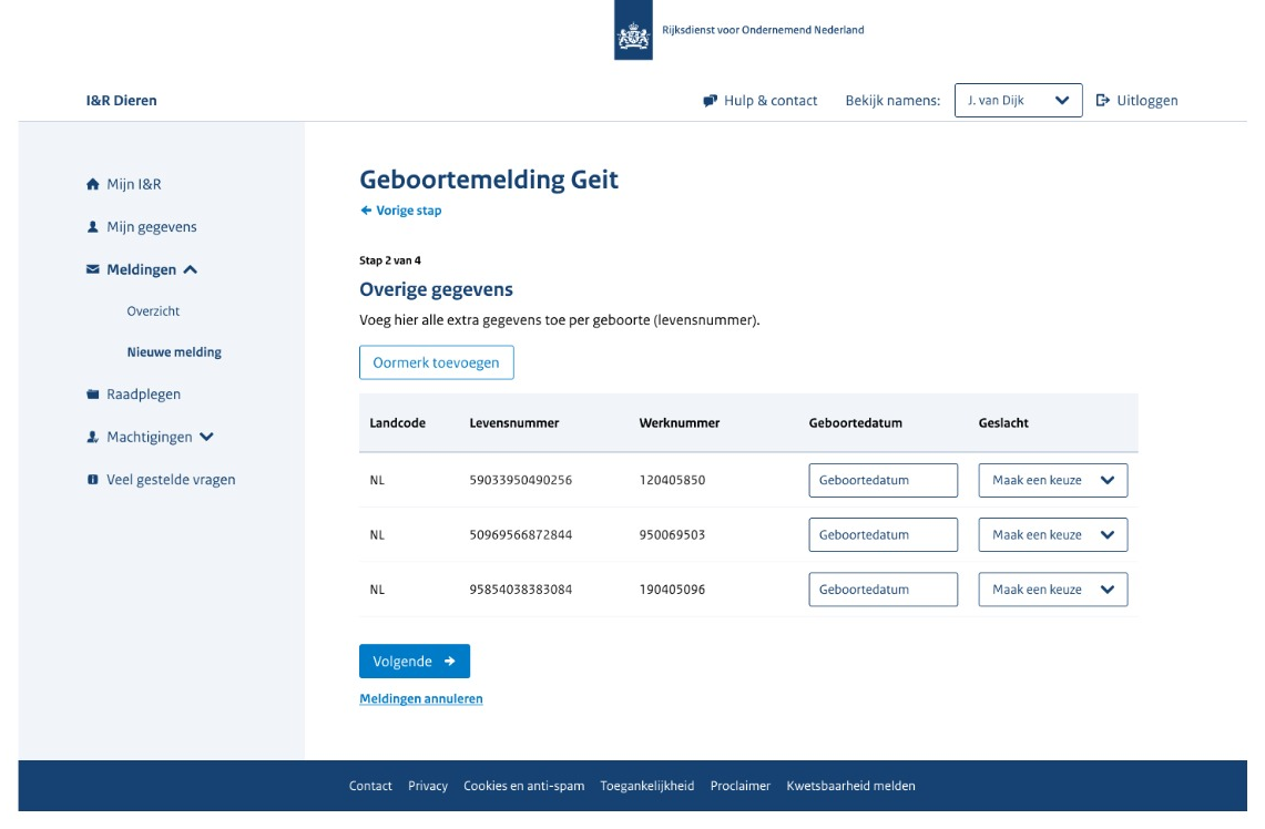 Prototype van stap 2 van 4 van de 'Geboortemelding Geit', 'Overige gegevens', met een knop 'Oormerk toevoegen' en een tabel waarin per dier een veld 'Geboortedatum' en een keuzemenu 'Maak een keuze' voor het geslacht staan.