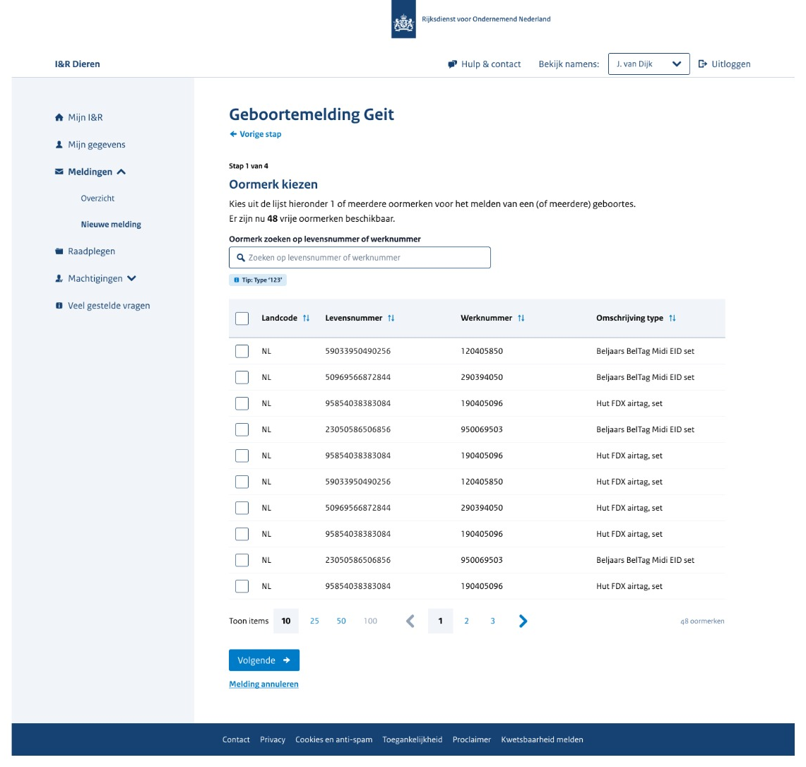 Prototype van stap 1 van 4 van de 'Geboortemelding Geit', 'Oormerk kiezen', met een zoekveld 'Zoeken op levensnummer of werknummer' en een tip, een tabel met vrije oormerken (landcode, levensnummer, werknummer en omschrijving type) met selectievakjes, en paginering met 'Toon items 10, 25, 50, 100'.