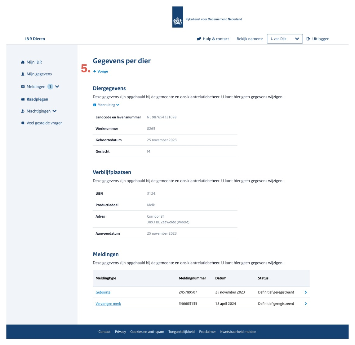 Prototype van de pagina 'Gegevens per dier' met de link 'Vorige' (rood cijfer 5) en de onderdelen 'Diergegevens' (landcode en levensnummer, werknummer, geboortedatum, geslacht), 'Verblijfplaatsen' (UBN, productiedoel, adres, aanvoerdatum) en 'Meldingen' met een tabel van meldingtype, meldingnummer, datum en status.