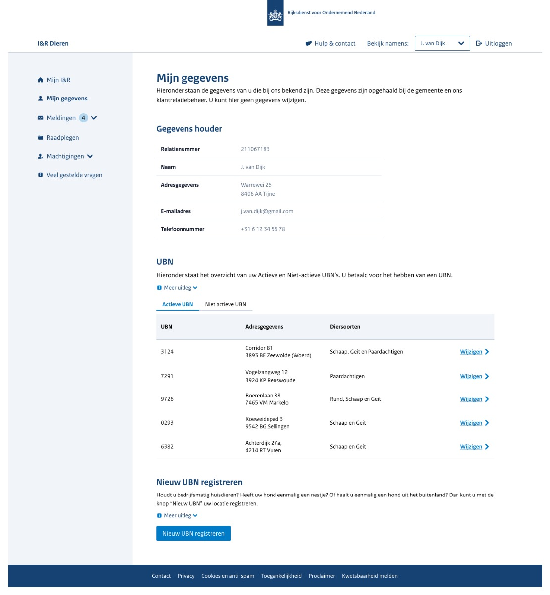 Prototype van de pagina 'Mijn gegevens' met de gegevens van de houder (onder andere relatienummer, naam en adres), een overzicht van UBN's met de tabbladen 'Actieve UBN' en 'Niet actieve UBN', en een blok 'Nieuw UBN registreren' met de gelijknamige knop.