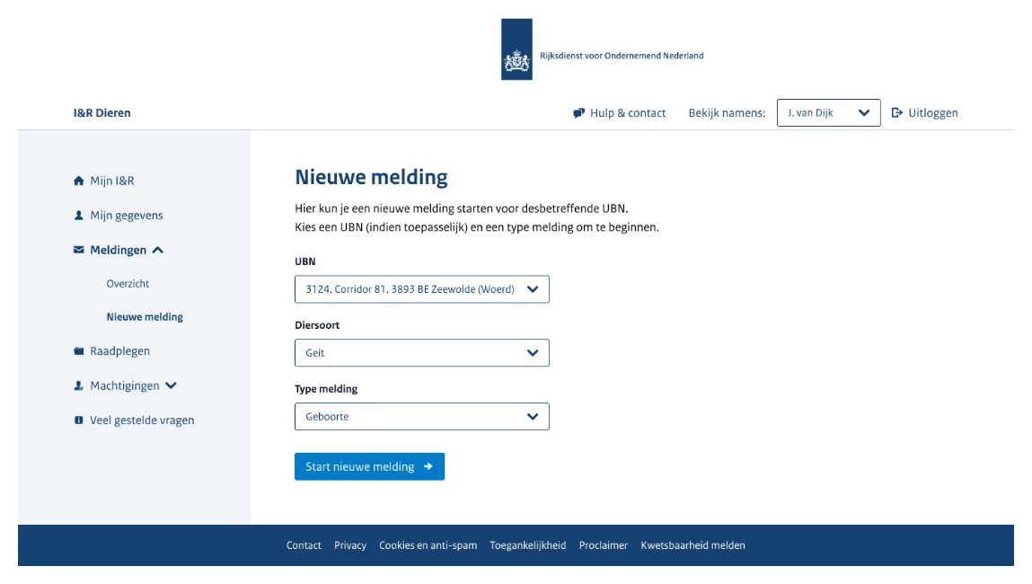 Prototype van de pagina 'Nieuwe melding' in I&R Dieren met de keuzemenu's 'UBN', 'Diersoort' (Geit) en 'Type melding' (Geboorte) en de knop 'Start nieuwe melding'.