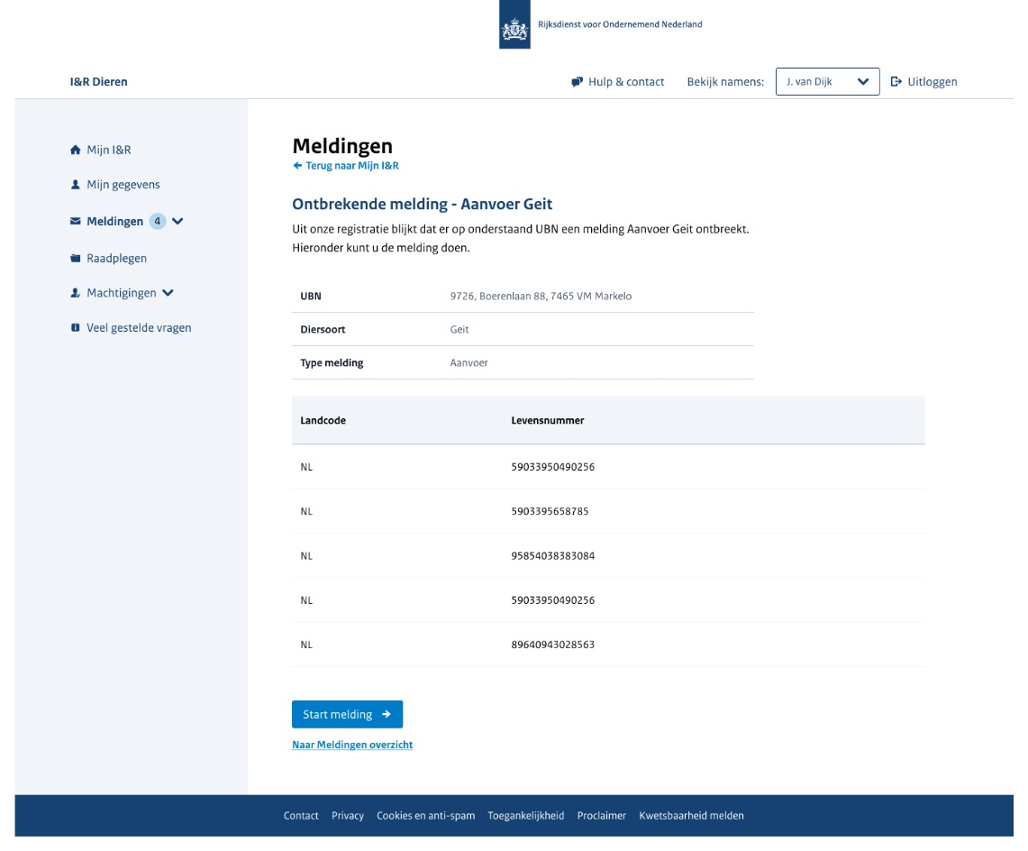 Prototype van de pagina 'Ontbrekende melding – Aanvoer Geit' met de tekst dat er een melding Aanvoer Geit ontbreekt, de gegevens UBN, diersoort en type melding, een tabel met alleen landcode en levensnummer, en de knop 'Start melding'.