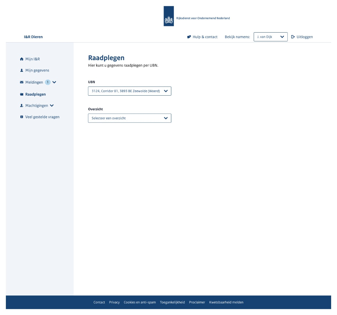 Prototype van de pagina 'Raadplegen' in I&R Dieren met de tekst 'Hier kunt u gegevens raadplegen per UBN.' en de keuzemenu's 'UBN' en 'Overzicht' ('Selecteer een overzicht').