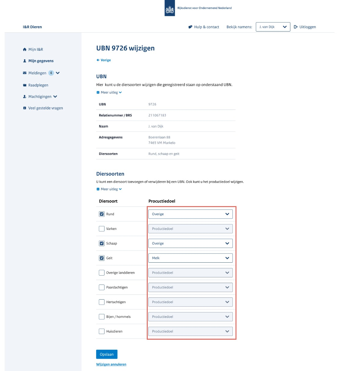 Prototype van de aangepaste pagina 'UBN 9726 wijzigen'. Het label heet nu 'Relatienummer / BRS'. De keuzemenu's voor het productiedoel bij alle diersoorten zijn met een rood kader gemarkeerd.