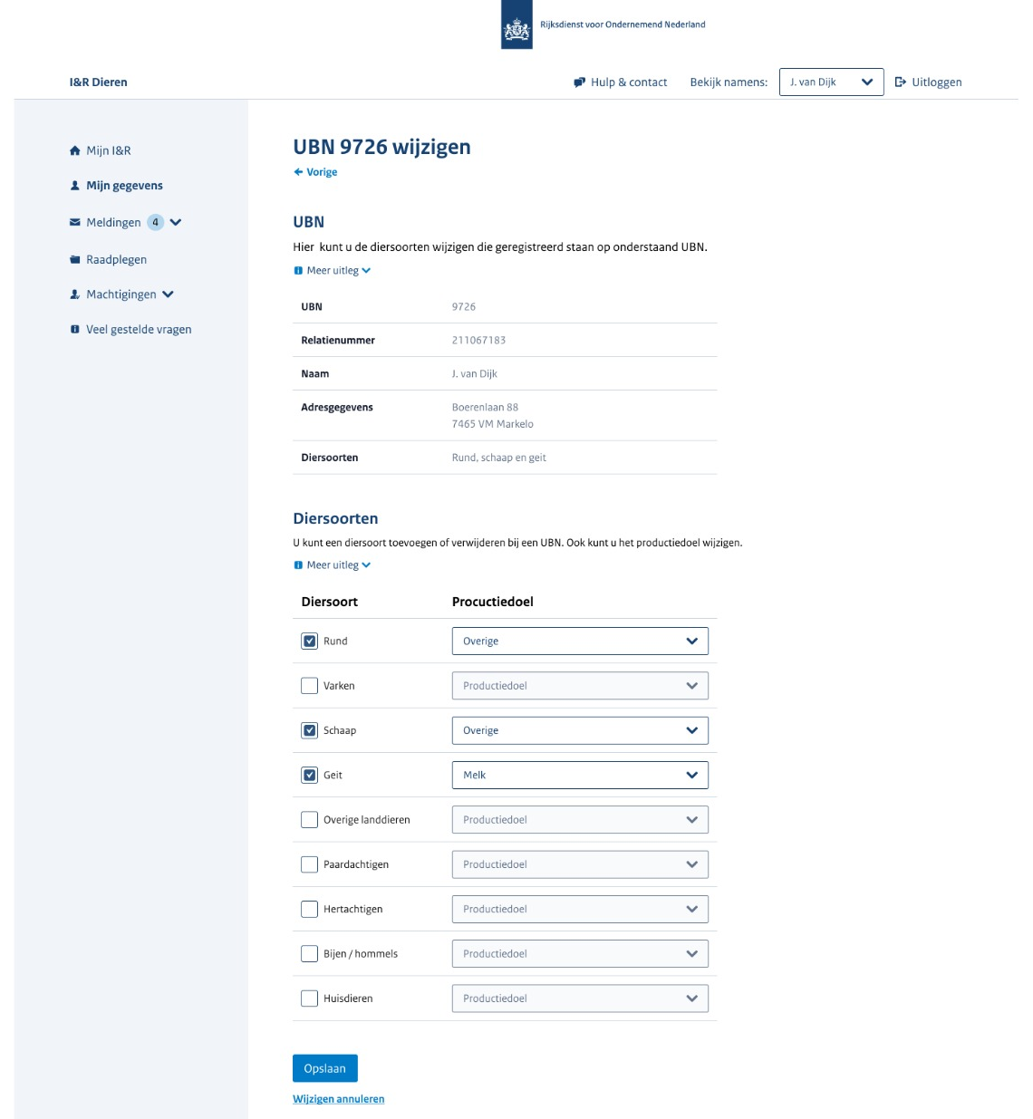 Prototype van de pagina 'UBN 9726 wijzigen' met de gegevens van het UBN en een lijst diersoorten, elk met een selectievakje en een keuzemenu voor het productiedoel. Rund, schaap en geit zijn aangevinkt.