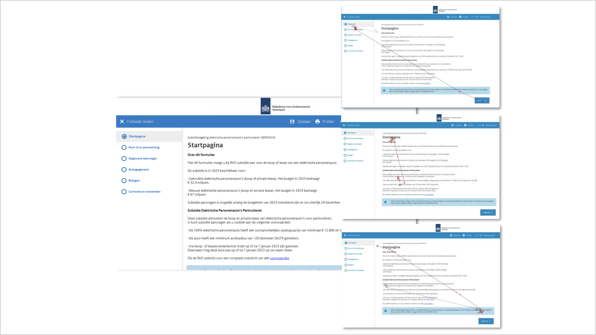 Screenshot van de startpagina. Te zien is dat rode de lijnen van de eye-tracker van links boven naar rechts ondergaan, en weer terug.