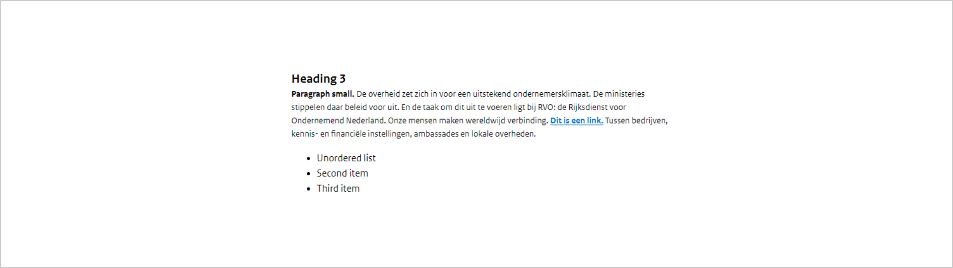 Screenshot van een stuk fictieve tekst, bovenaan staat een titel. Daaronder staat een paragraaf en daaronder staat een opsomming.