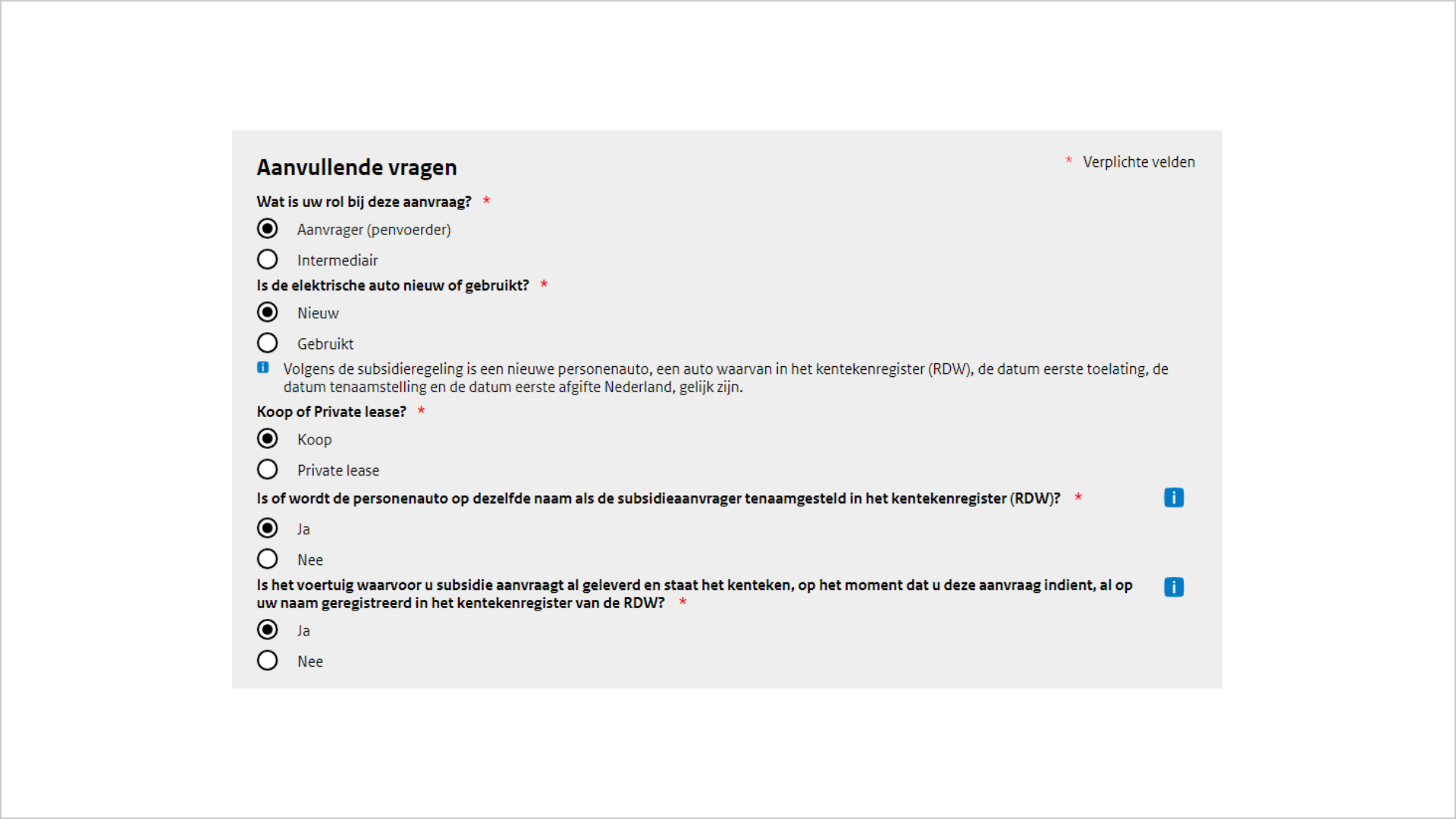 Screenshot van een stuk formulier met de titel 'Aanvullende vragen'. Er zijn verschillende formulier velden te zien en achter elke vraag staat een rood sterretje.
