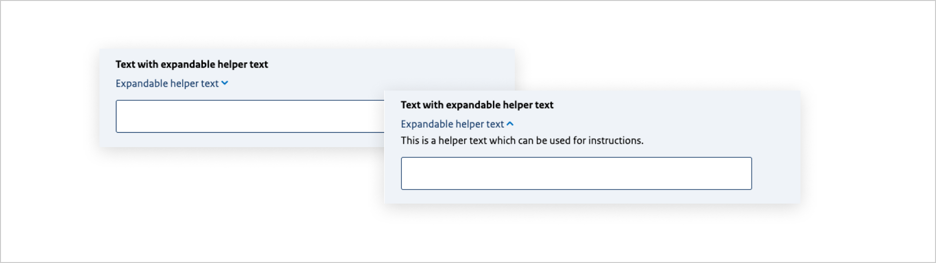 Twee losse screenshots een stukje formulier. In het linker screenshot staat de blauwe tekst 'Expendable helper tekst', met daarachter een pijl die naar beneden wijst, tussen het label en het invulveld. In het rechter screenshot staat dezelfde tekst, maar nu wijst de pijl naar boven. Onder de blauwe tekst staat de zwarte tekst.'This is a helper tekst which can't be used for instruction.