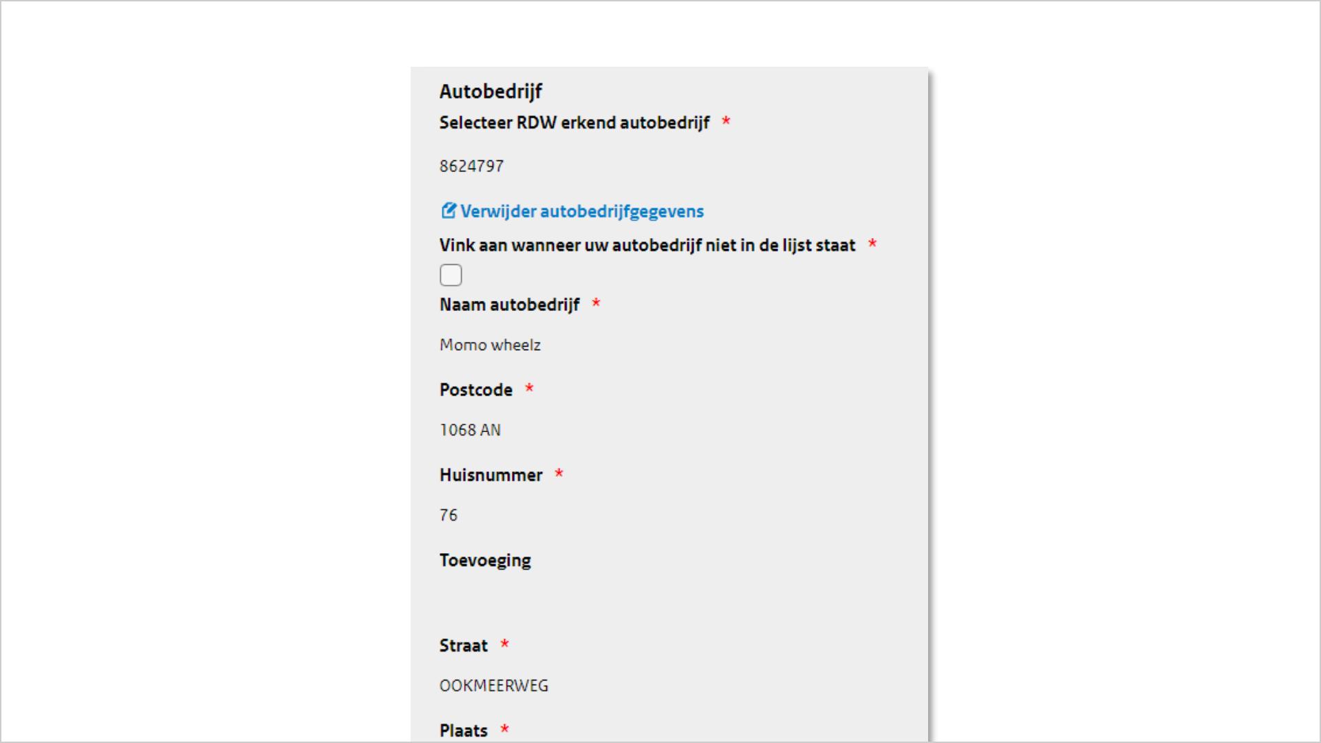 Screenshot van van een stukje formulier met de titel autobedrijf. Te zien zijn gegevens van het autobedrijf en de link: verwijder autobedrijfgegevens.