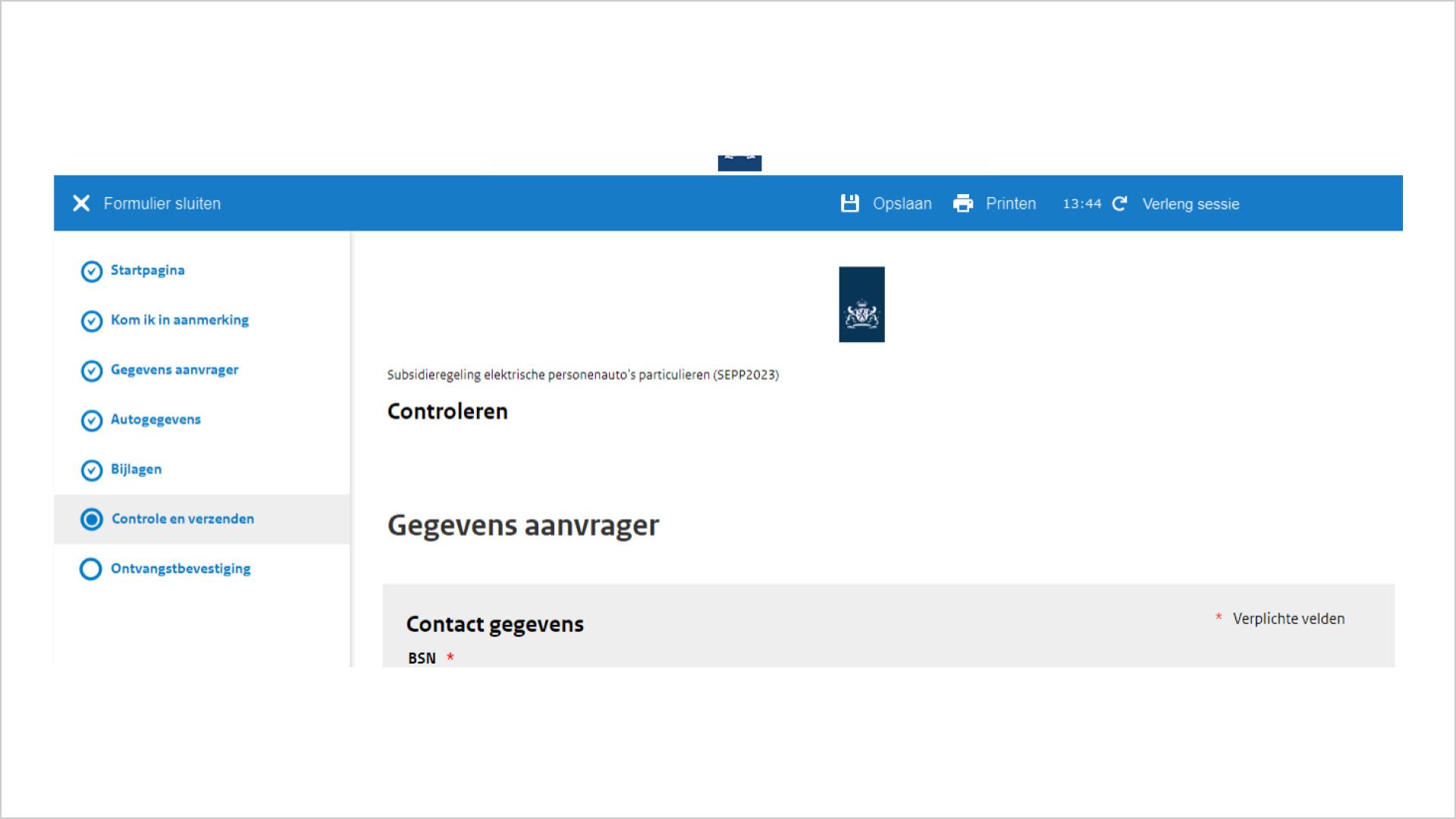 Screenshot van een stuk formulier links staat de formulier-navigatie geselecteerd is de tekst 'Controle en verzenden'. Rechts staat de pagina met de titel controleren.