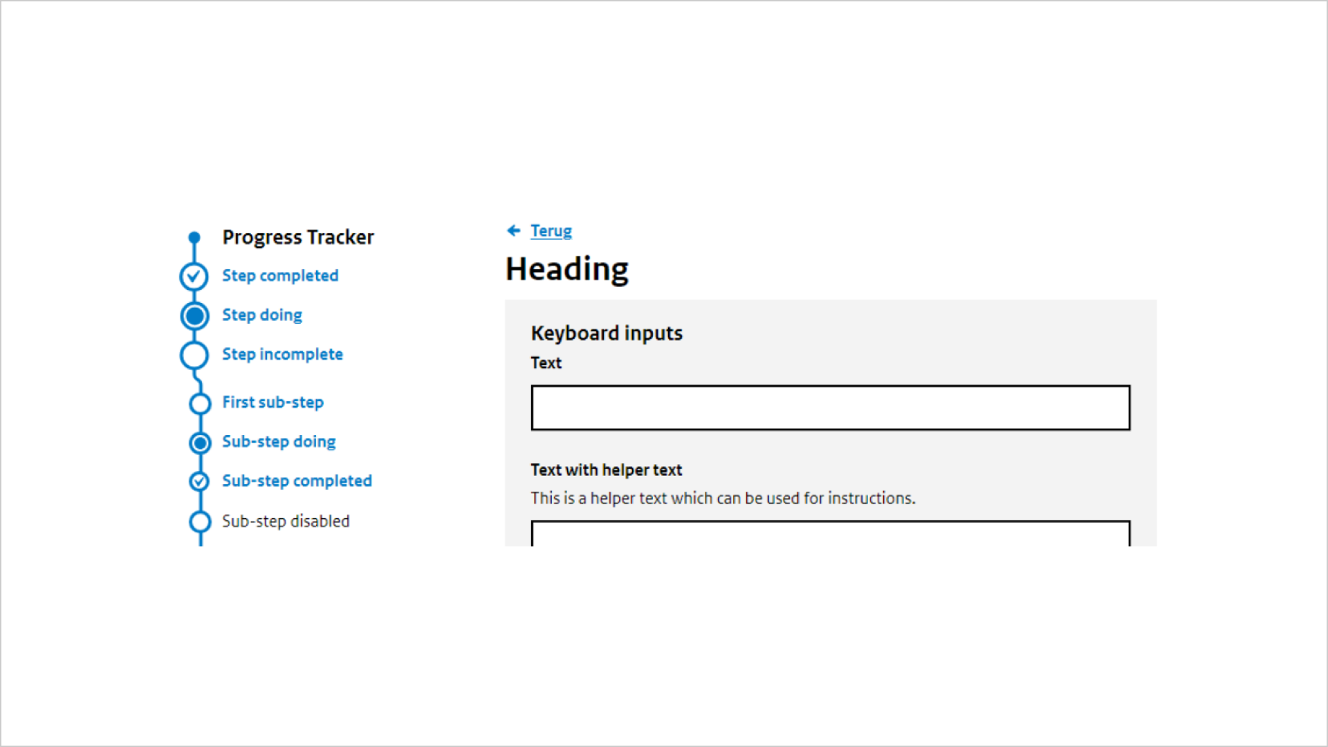 Screenshot toont stukje van een formulier. Links staat formulier navigatie met als titel Progress tracker. Rechts staat het formulier met een titel en daarboven een link met de tekst terug.