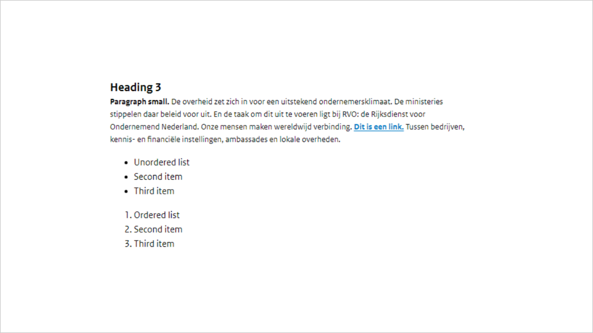 Screenshot van een stuk fictieve tekst met een titel, paragraaf, opsomming en genummerde opsomming.