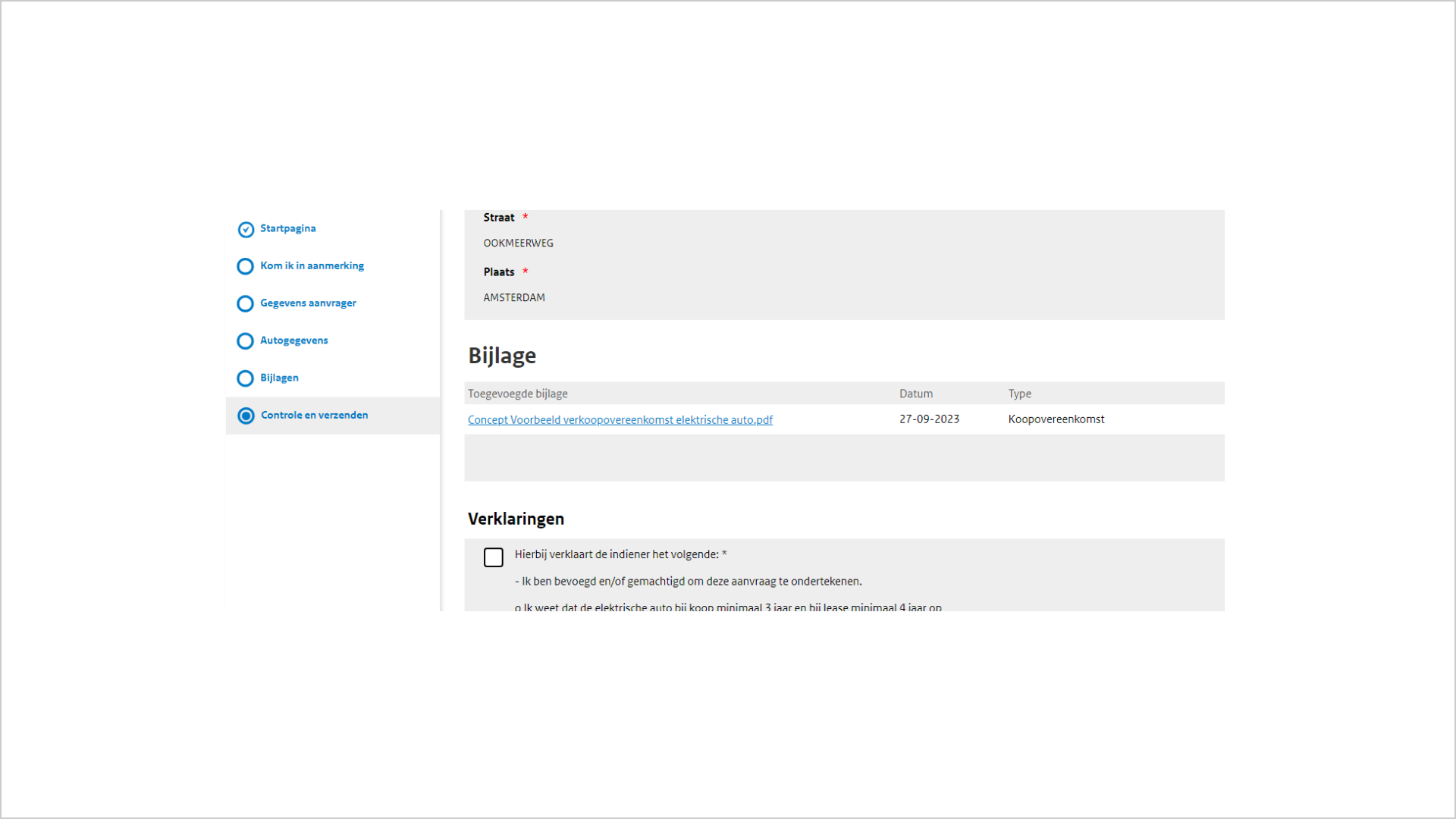Screenshot van een stukje formulier. Links staat formulier-navigatie de tekst 'controle en verzenden' is geselecteerd. Rechts is een stukje van het formulier te zien met de titel 'bijlage'.