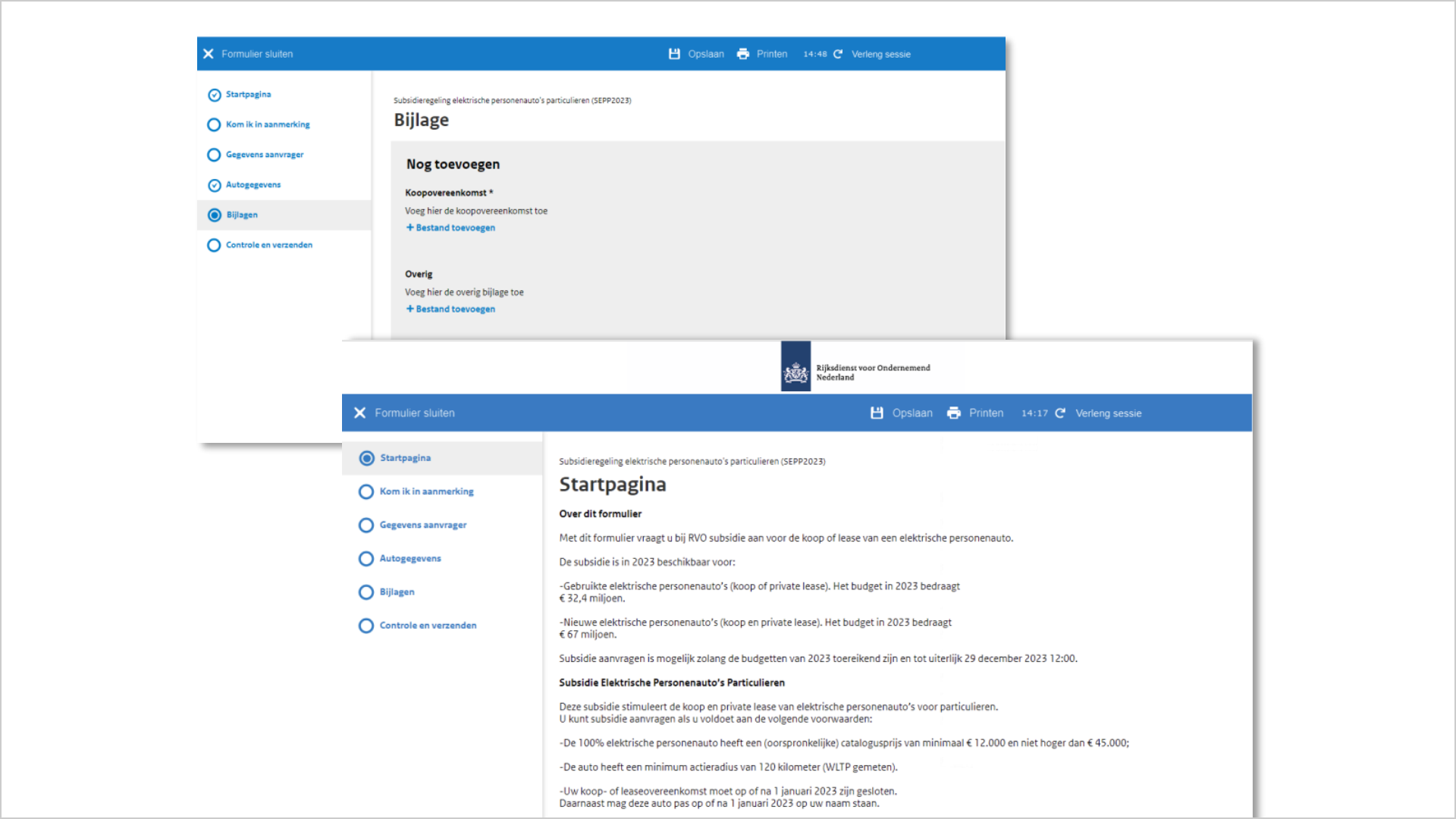 Twee screenshots van formulier pagina's. De eerste toont de stap bijlage. Het tweede screenshot toont de startpagina.