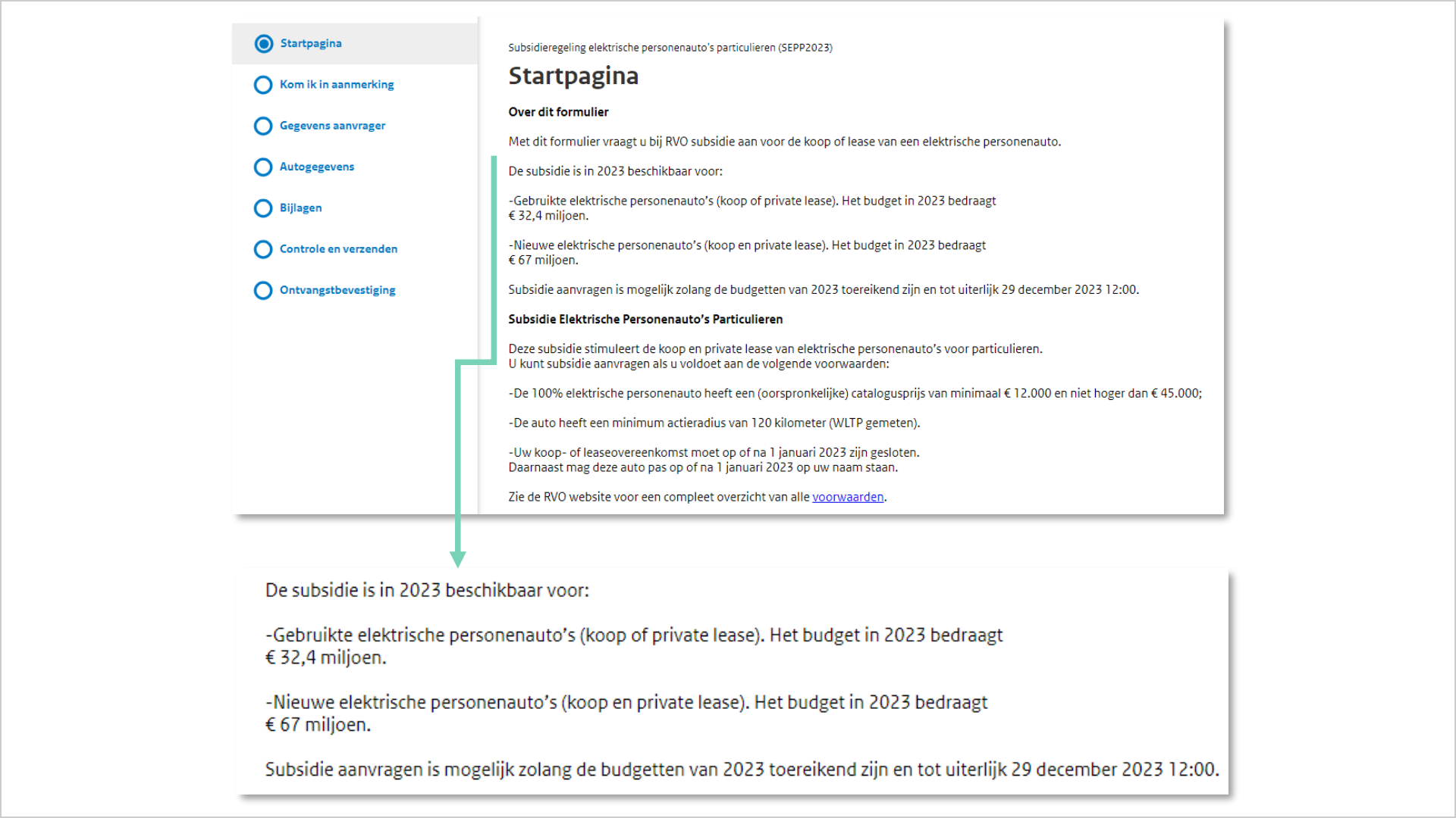Screenshot van een stukje van een formulier links staat de formulier navigatie. De tekst startpagina is geselecteerd. Rechts staat de inhoud van de startpaginawaar onder andere enkele voorwaarden staan opgesomd.
