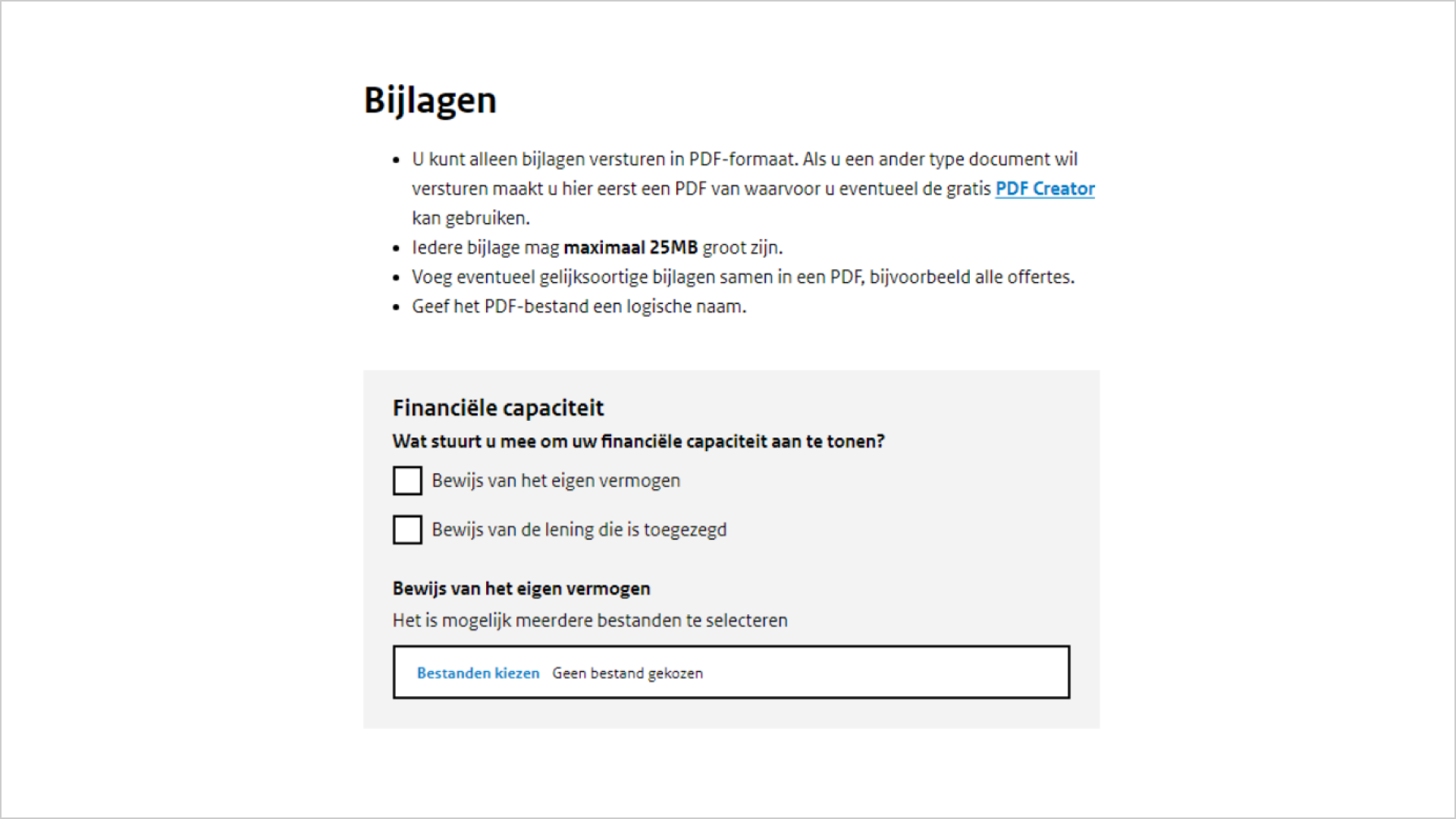 Screenshot van en stukje formulier met de titel bijlagen. Daaronder staat een opsomming van de criteria waaraan een bijlage moet of mag voldoen.