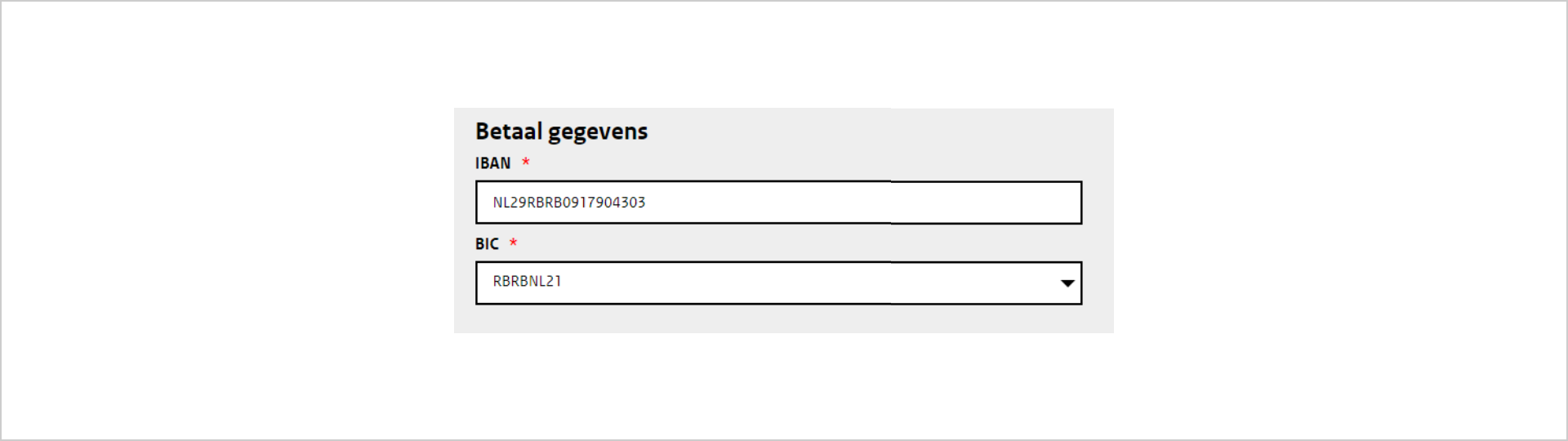 Screenshot van een stukje formulier met de titel betaalgegevens. Daaronder staan twee invulvelden met de labels IBAN en BIC.