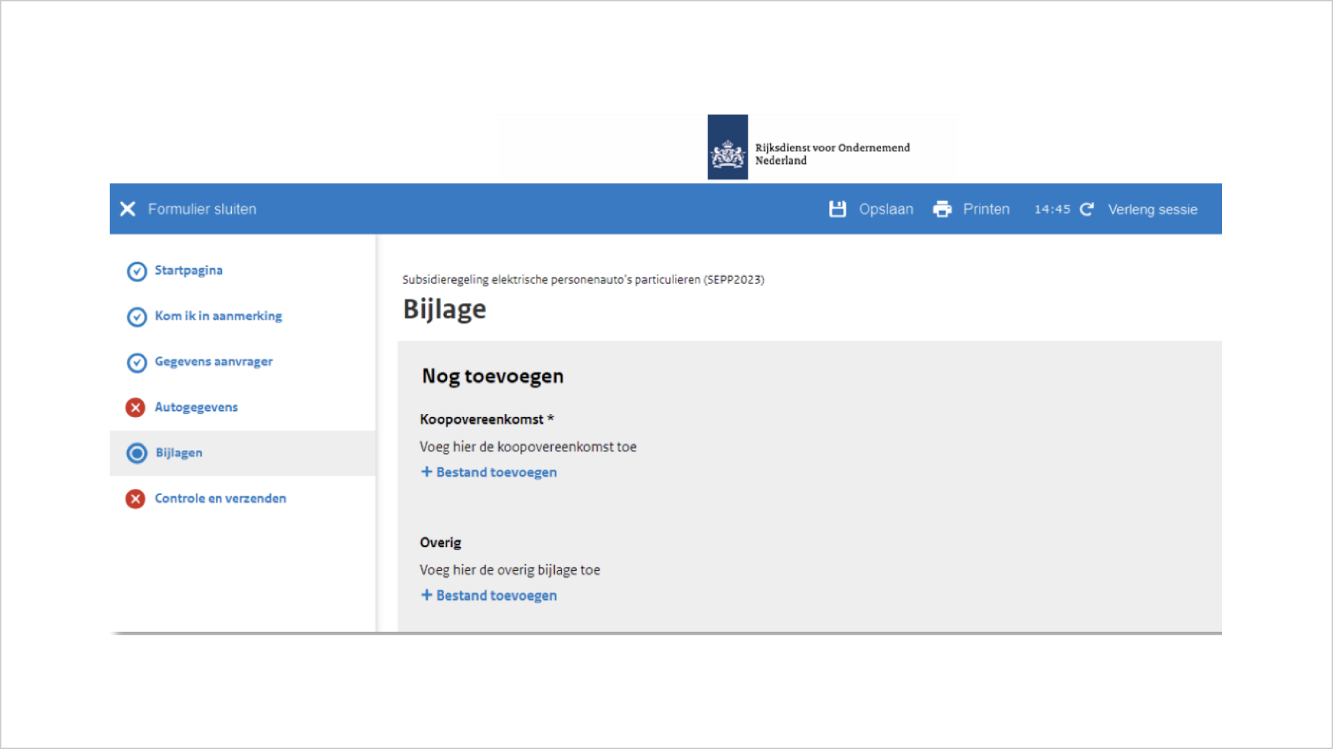 Screenshot van een stukje formulier bovenaan het formulier staat een blauwe balk. Links staat 'formulier sluiten' rechts staat: opslaan, printer, verleng sessie.