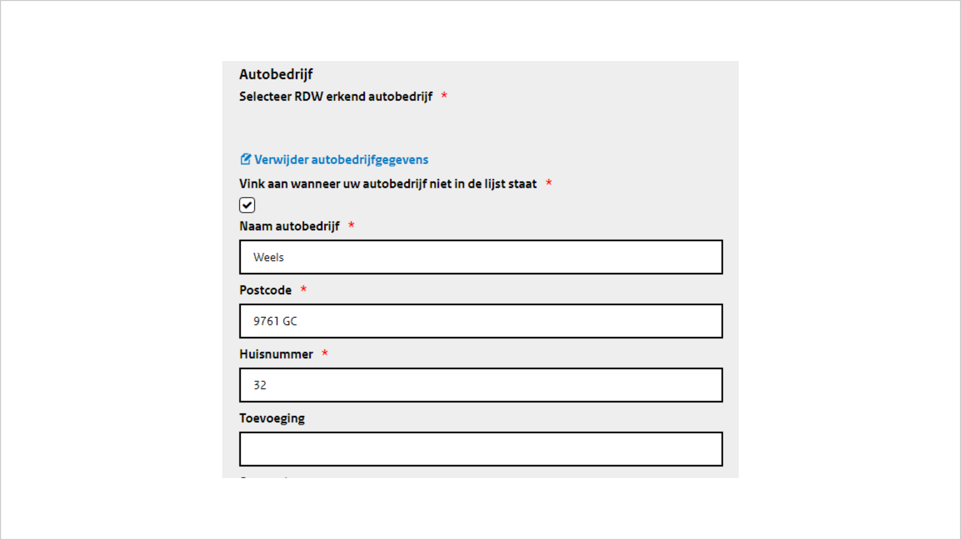 Screenshot van een stukje formulier met de titel autobedrijf. Daaronder staat de tekst 'Selecteer R DW erkent autobedrijf'. Daaronder staat, op ruime afstand, de link 'verwijder autobedrijfgegevens.'