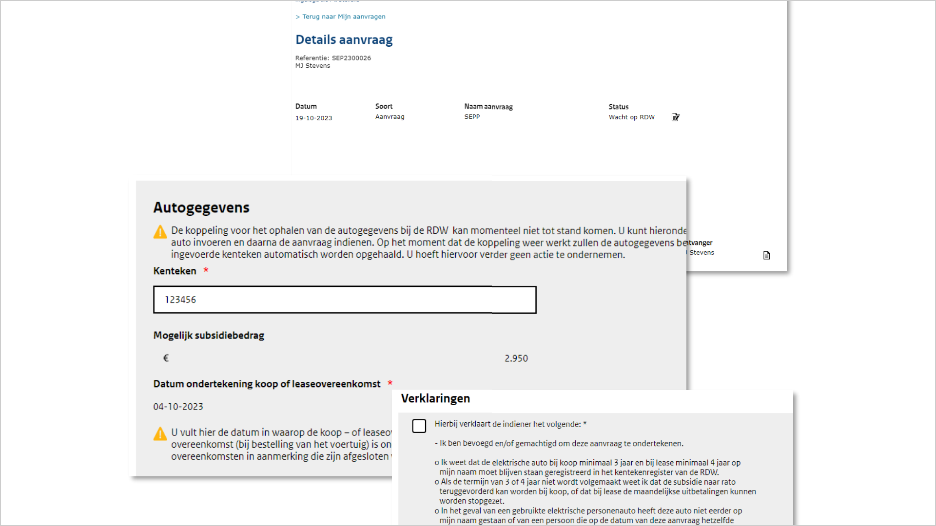 Drie losse screenshots. Het eerste screenshot heeft de titel 'details aanvraag', daarnaast is er een icoon van een papier met een pen te zien. Het volgende screenshot toont een stukje van het formulier met de titel 'Auto gegevens'. Hier is onder andere een invoerveld zichtbaar met het label 'kenteken'. Het laatste screenshot toont een stukje van een formulier met de titel verklaringen. Daaronder staat een lege chatbox met de tekst. Hierbij verklaart de indiener het volgende gevolgd door een hele lange tekst.