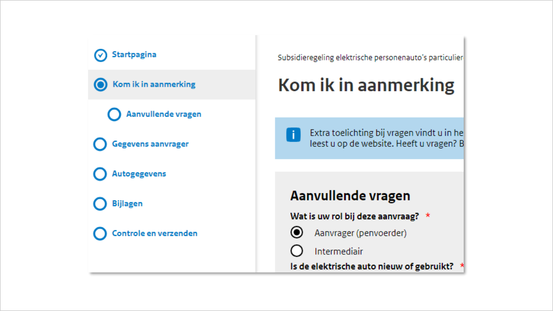 Screenshot van een stukje formulier. Links is de formulier-navigatie zichtbaar. De tekst 'kom ik in aanmerking' is geselecteerd. Rechts is het formulier zichtbaar met de titel 'kom ik in aanmerking'.