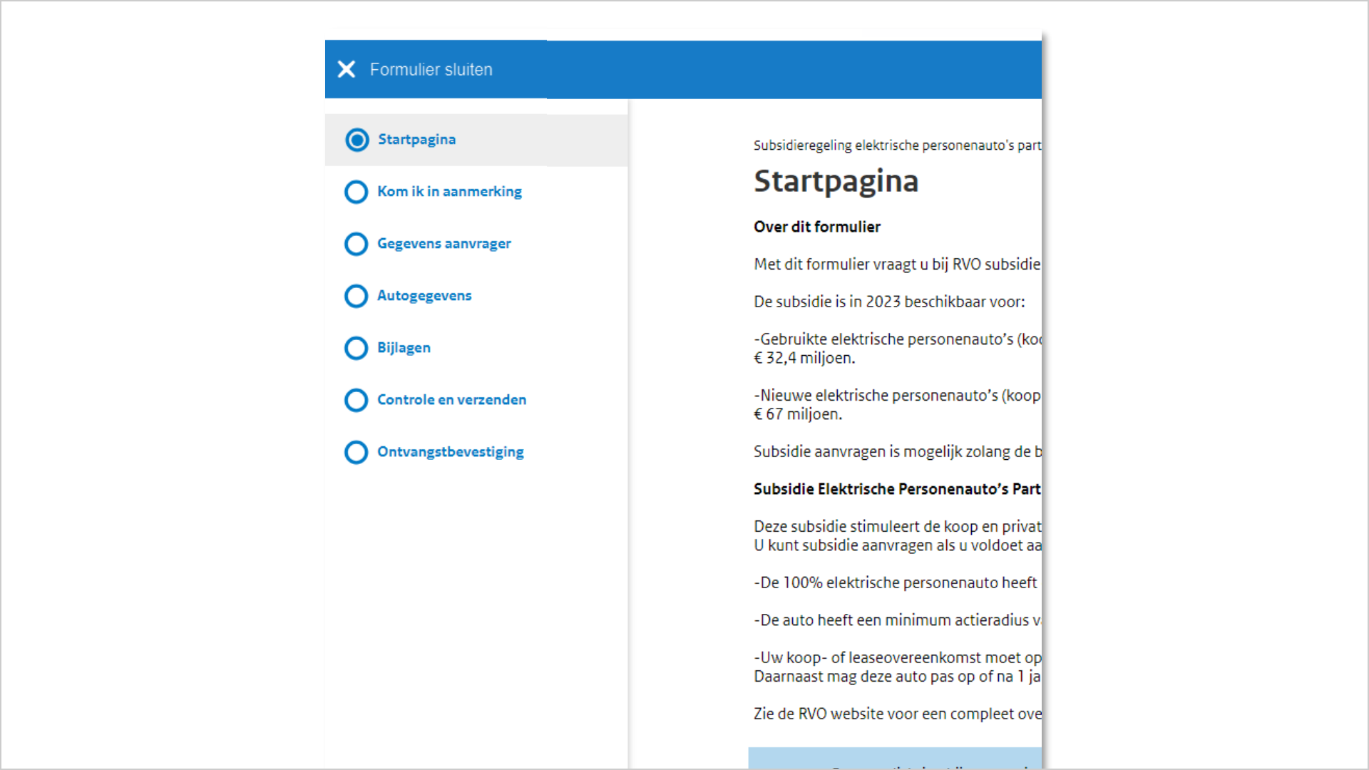 Screenshot van een stukje formulier. Links staat de formulier-navigatie daarbij is de tekst 'startpagina' geselecteerd. Rechts is de startpagina te zien.