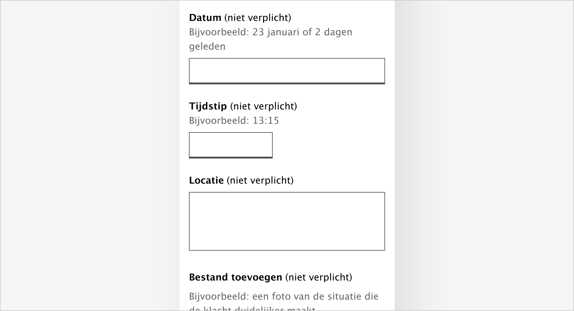 Er wordt een invoerveld getoond voor 'wat is uw klacht' waar onderaan staat hoeveel tekens er nog over zijn voordat het maximaal aantal tekens bereikt is.