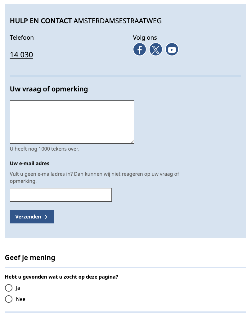 Screenshot van het contactformulier en klanttevredenheidsonderzoek met een duidelijke header boven het klanttevredenheidsonderzoek