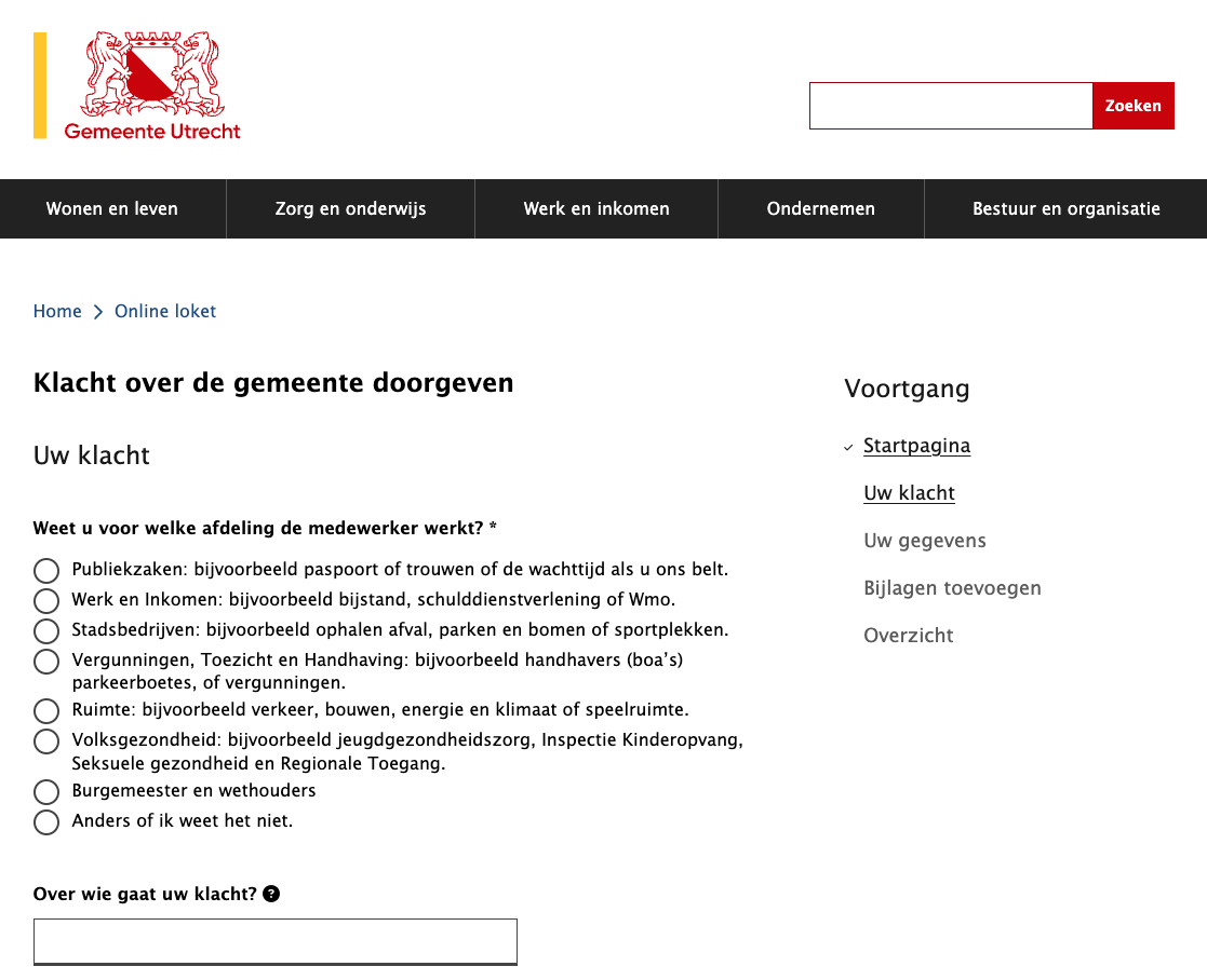 Screenshot van het klachtenformulier van de gemeente Utrecht