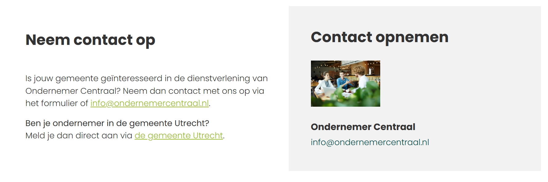 Screenshot van het contactinformatie blok van ondernemer centraal