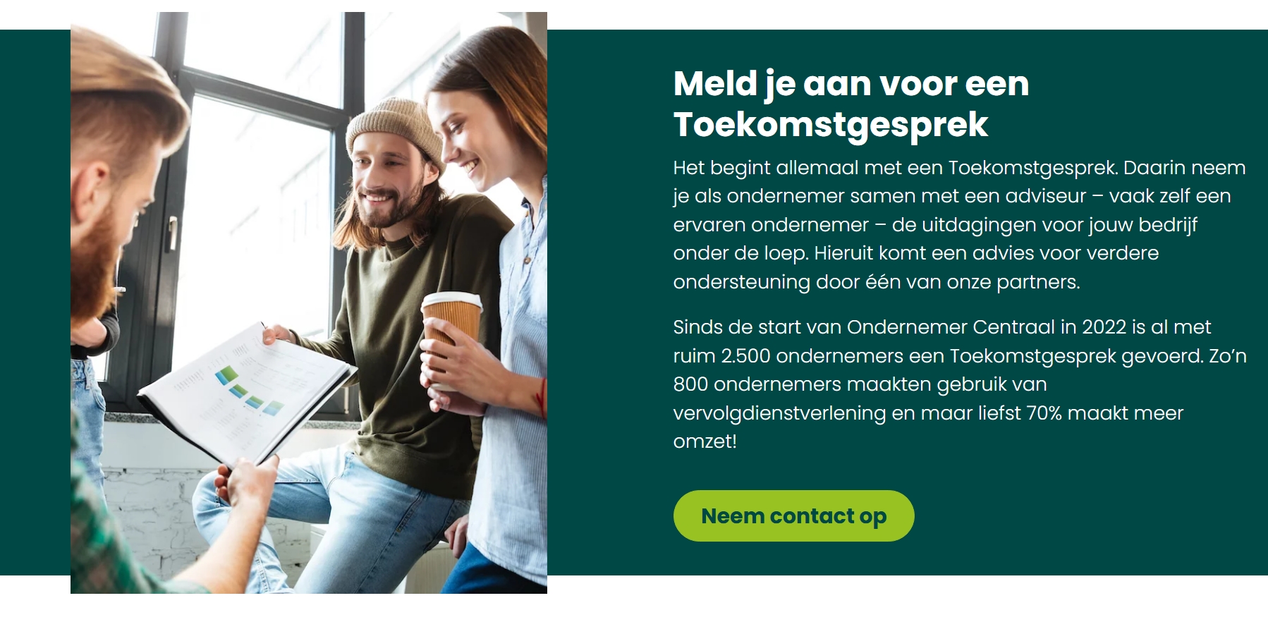 Screenshot van ondernemer centraal met een plaatje waarin drie mensen praten. Rechts staat de informatie over het toekomstgesprek in tekst.