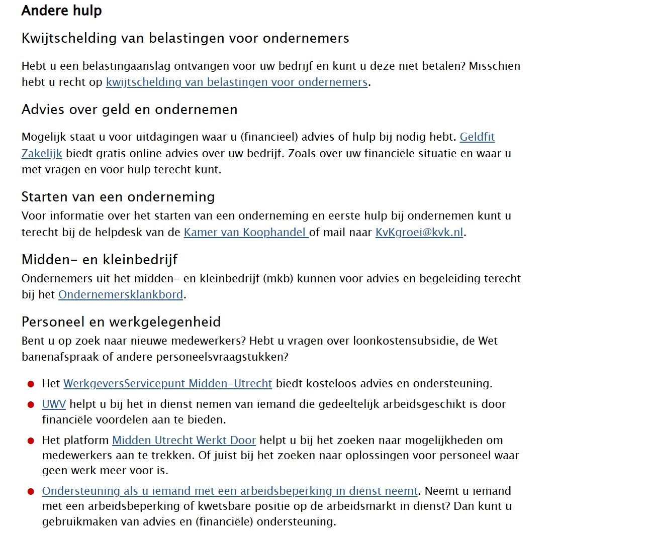 Screenshot van de informatie die beschikbaar is op utrecht.nl onder het kopje Andere hulp