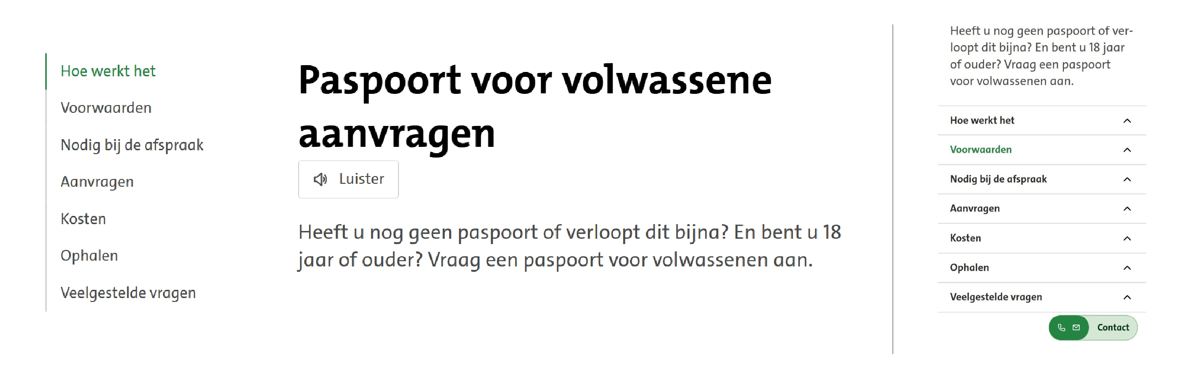 Een voorbeeld van de navigatie van de gemeente Den Haag website waar de lijst van ankerlinks getoond wordt aan de zijkant van het scherm