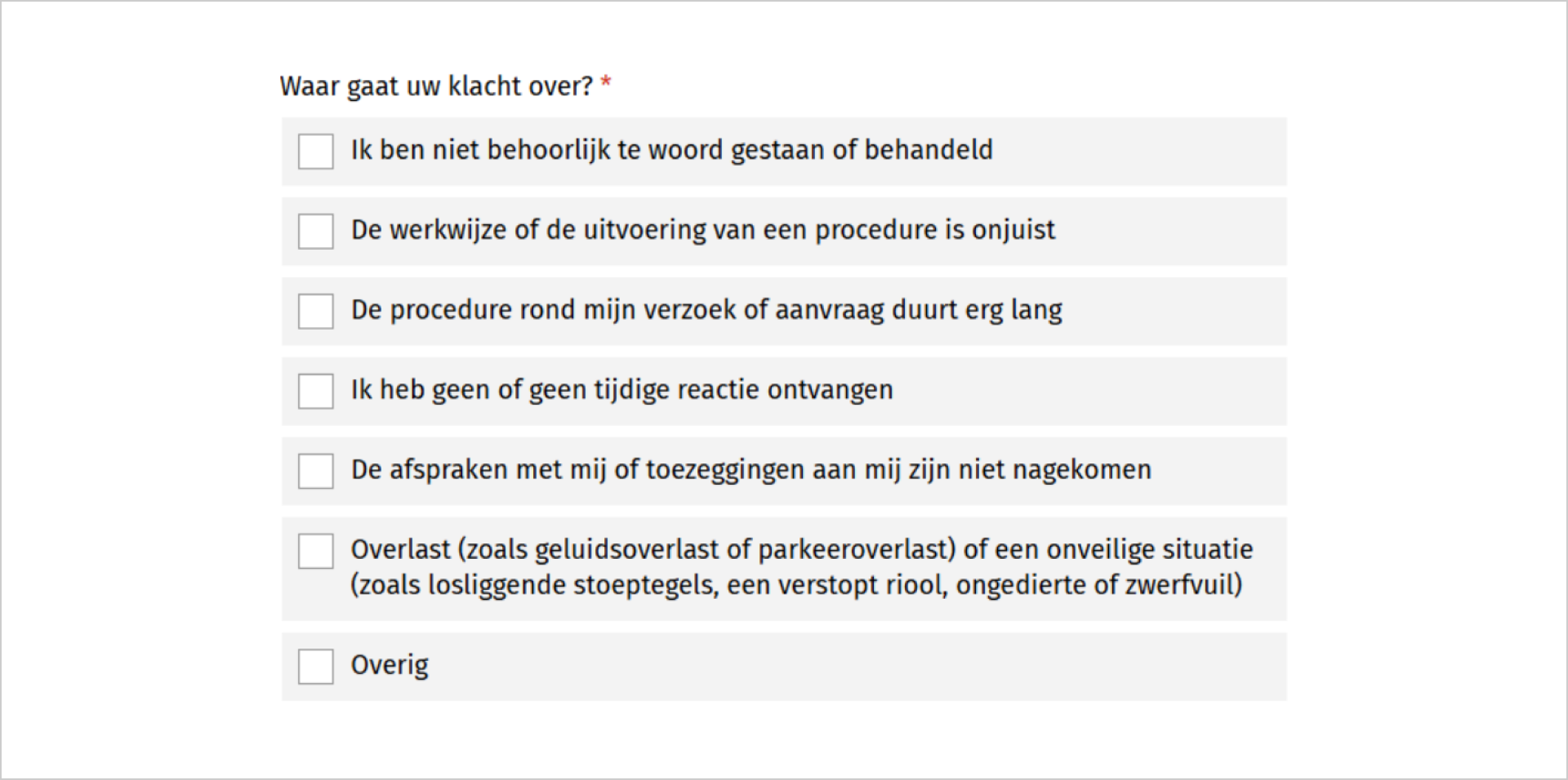 Screenshot van het klachtenformulier van de gemeente Venray waarbij men wordt gevraagd waar de klacht over gaat. Met opties zoals bijvoorbeeld "Ik ben niet behoorlijk te woord gestaan of behandeld" of "De werkwijze of de uitvoering van een procedure is onjuist.".