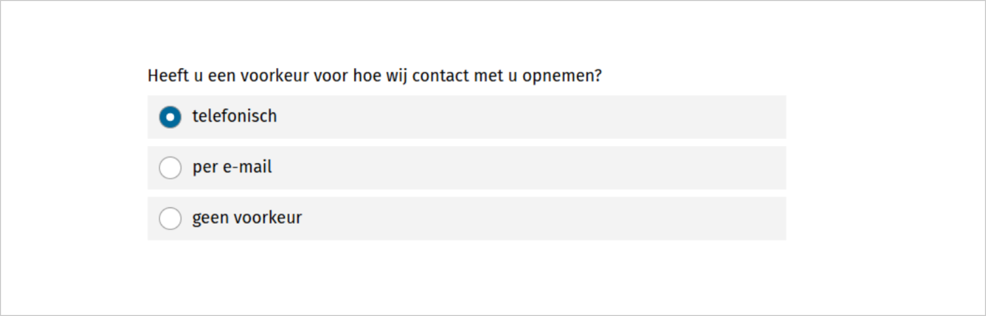 Screenshot van het klachtenformulier van de gemeente Venray. Er wordt gevraagd: "Heeft u een voorkeur voor hoe wij contact met u opnemen?". Er worden drie opties getoond: telefonisch, per e-mail, geen voorkeur.