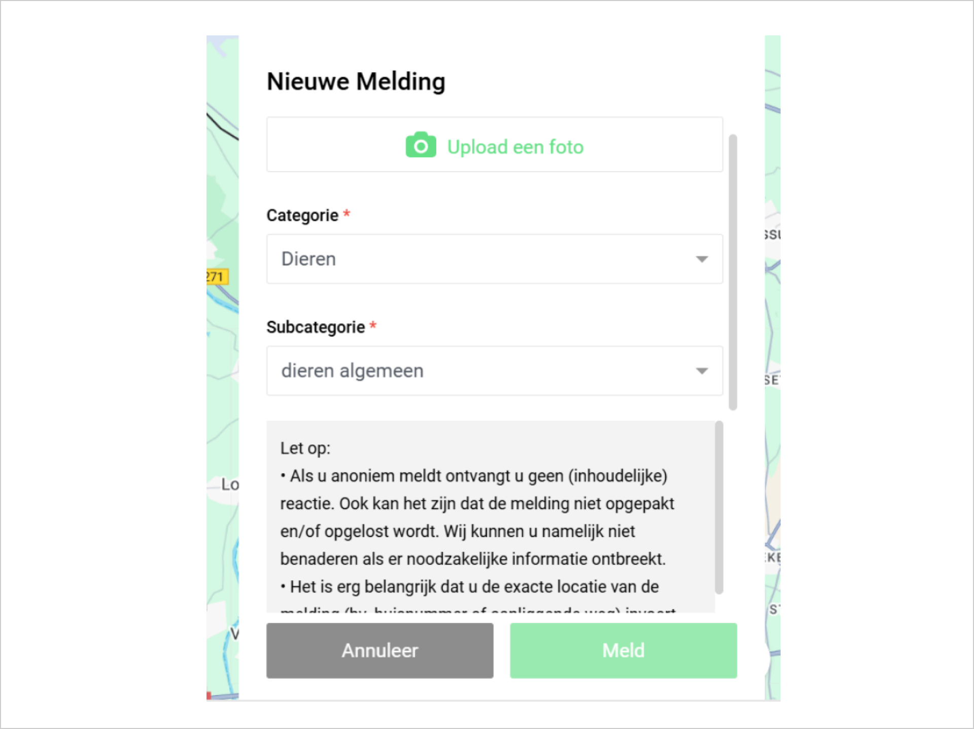 Screenshot van meldingen app. Men kan een foto uploaden en categorie kiezen en een subcategorie kiezen vooraf aan het bericht kunnen schrijven van een melding.