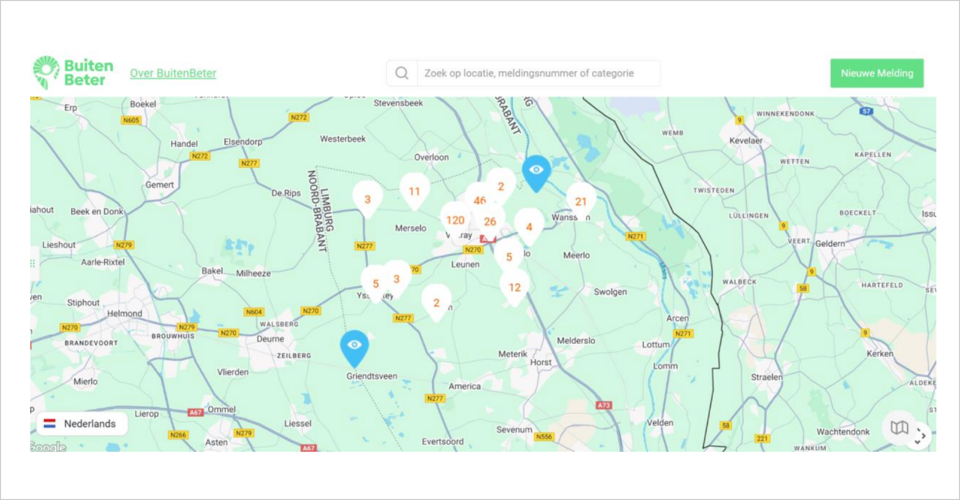 Screenshot BuitenBeter. Kaart groot in beeld met daarboven een zoekfunctie. Op de kaart staan verschillende 'pins' met cijfers.