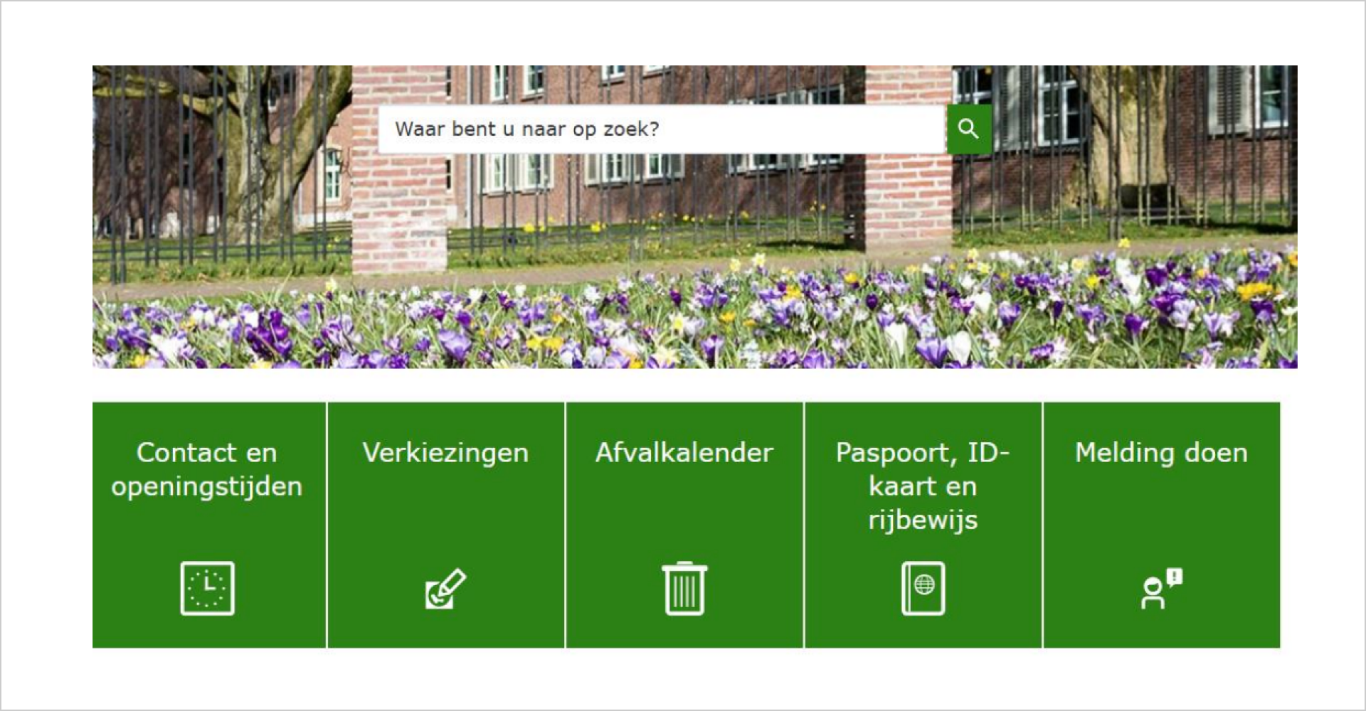 Screenshot homepage gemeente Venray. Vijf toptaken zichtbaar. Vijfde toptaak heeft de tekst: Melding doen.