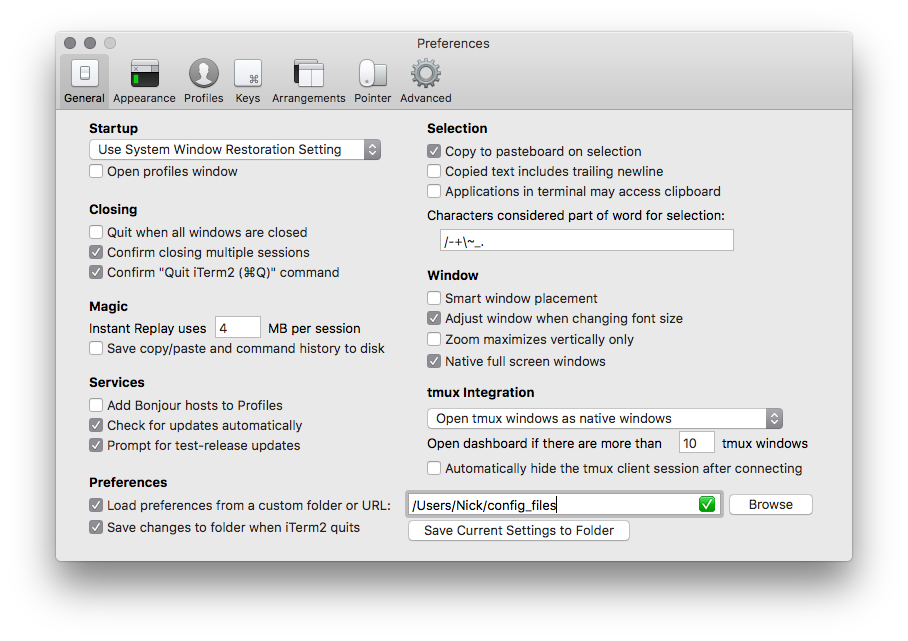 iTerm 2 Preferences Pane Screenshot - General