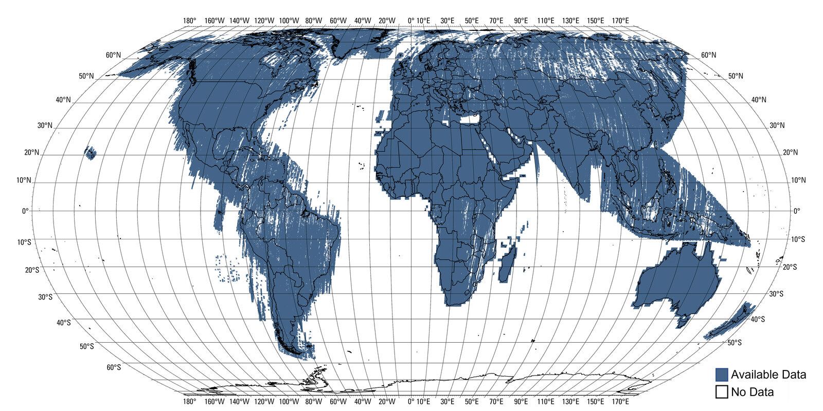Global ASTER GED emissivity coverage. Blue shows available data; white shows gaps.