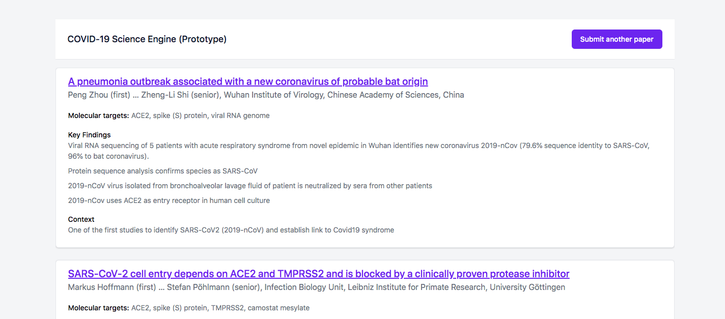 Screenshot showing a list of papers